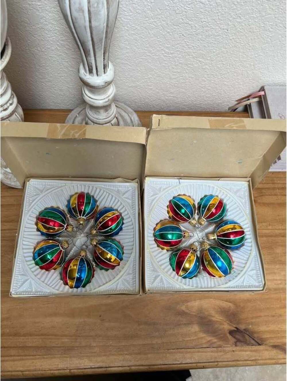 12 Vintage West German 2” Mercury Glass Ball Christmas Ornaments Glitter Striped